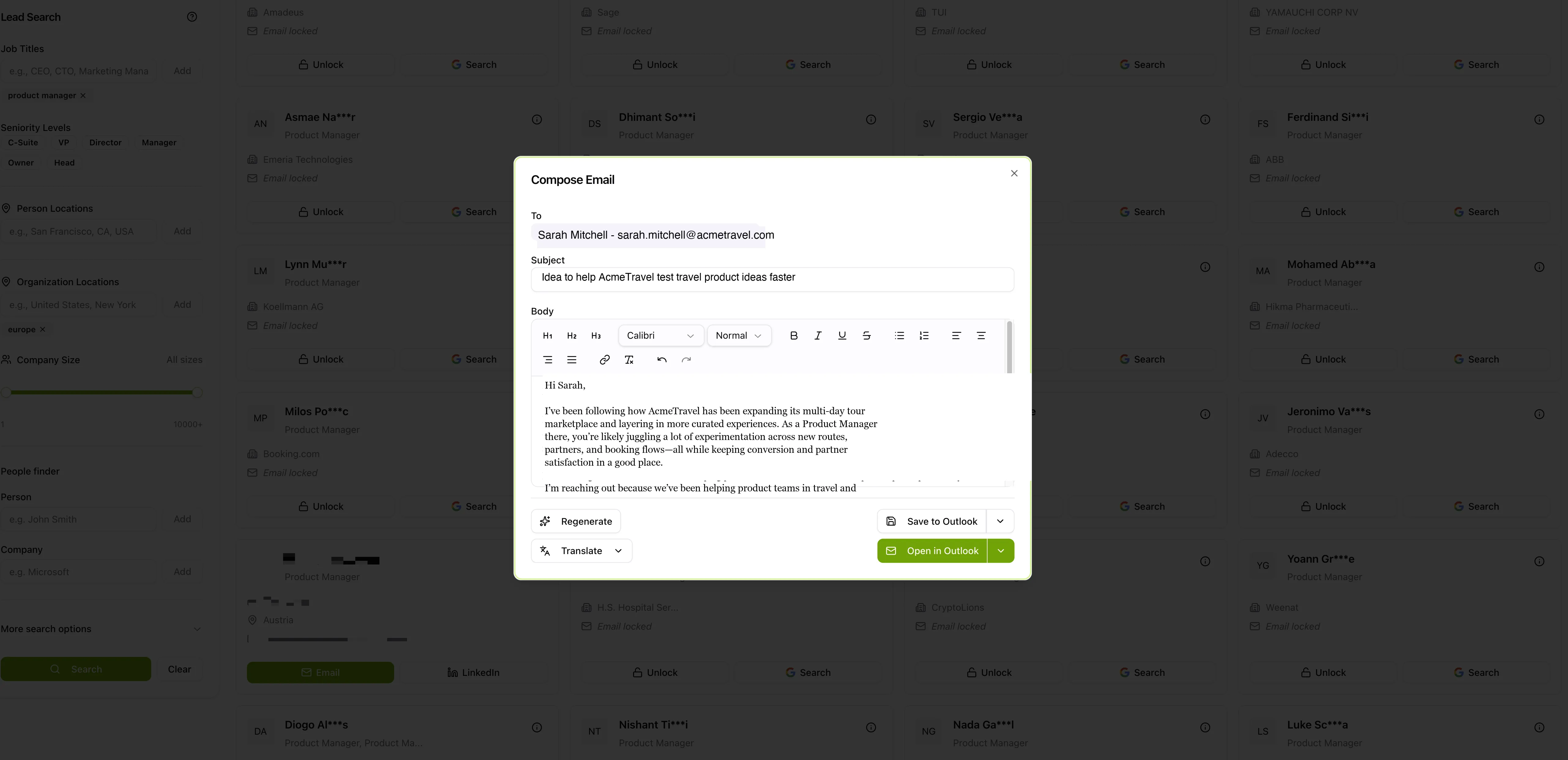 TheSaleZMaster AI email generation interface showing personalized cold email compose window with recipient details and rich text editor