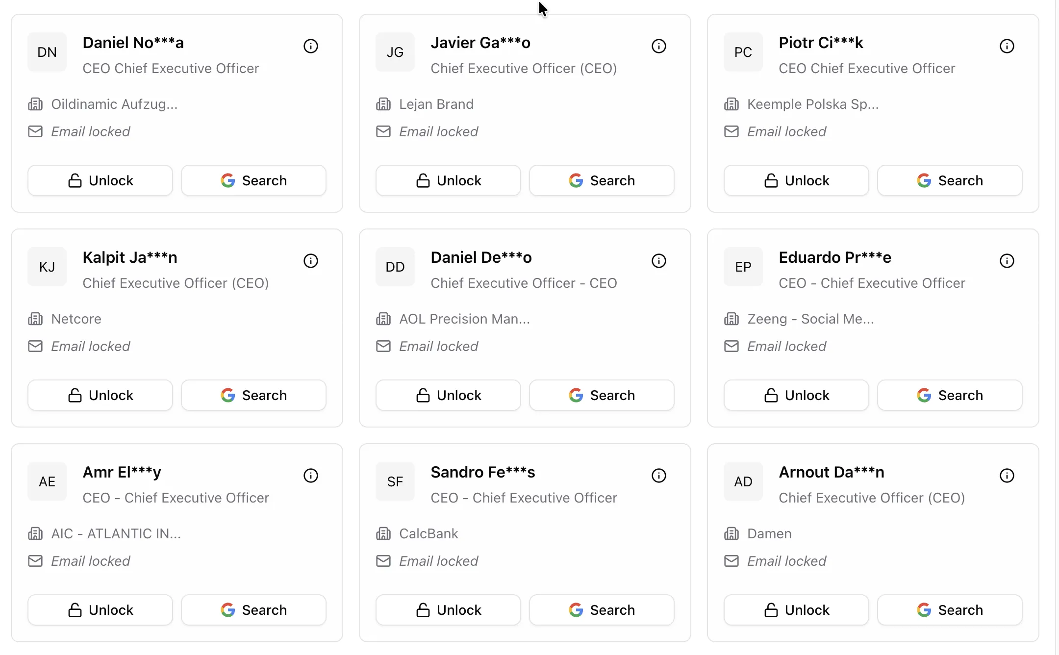 TheSalezMaster lead search results showing qualified contacts with email, phone, and LinkedIn details