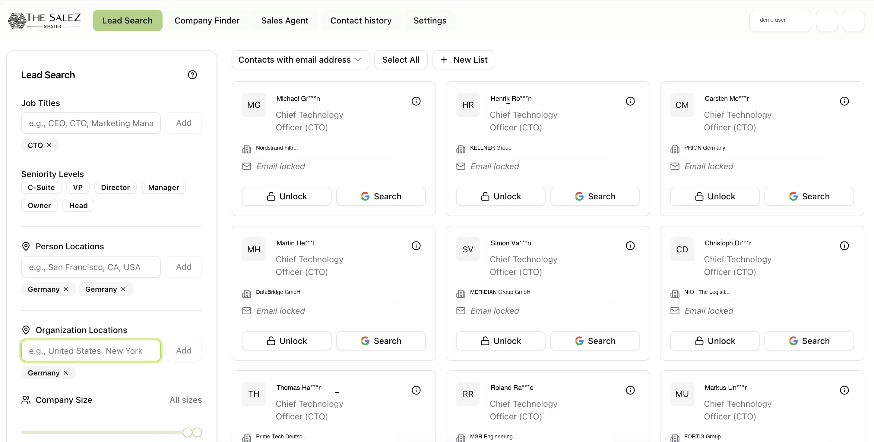 TheSaleZMaster Lead Search results showing qualified contacts with email and LinkedIn details